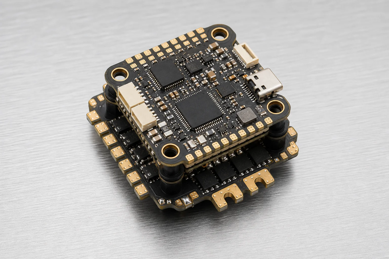 Fully assembled 7-inch FPV drone with all components mounted on concrete surface