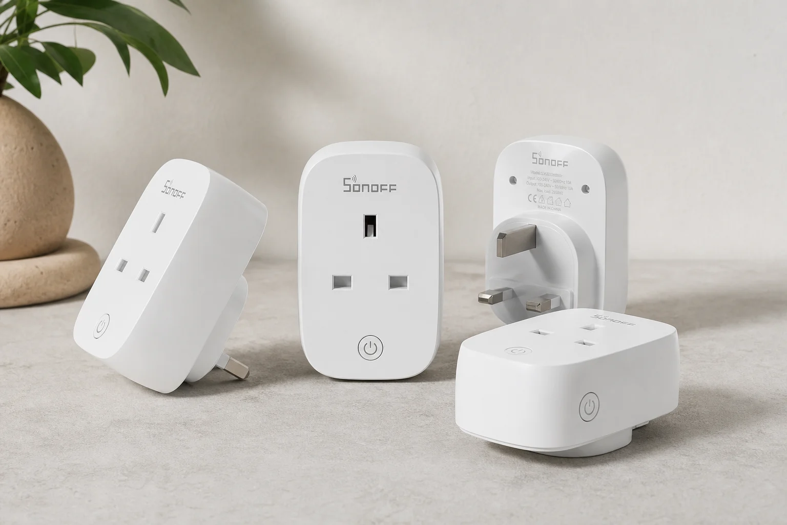 Smart home devices including hub, streaming device, thermostat, lock, and lights on a desk