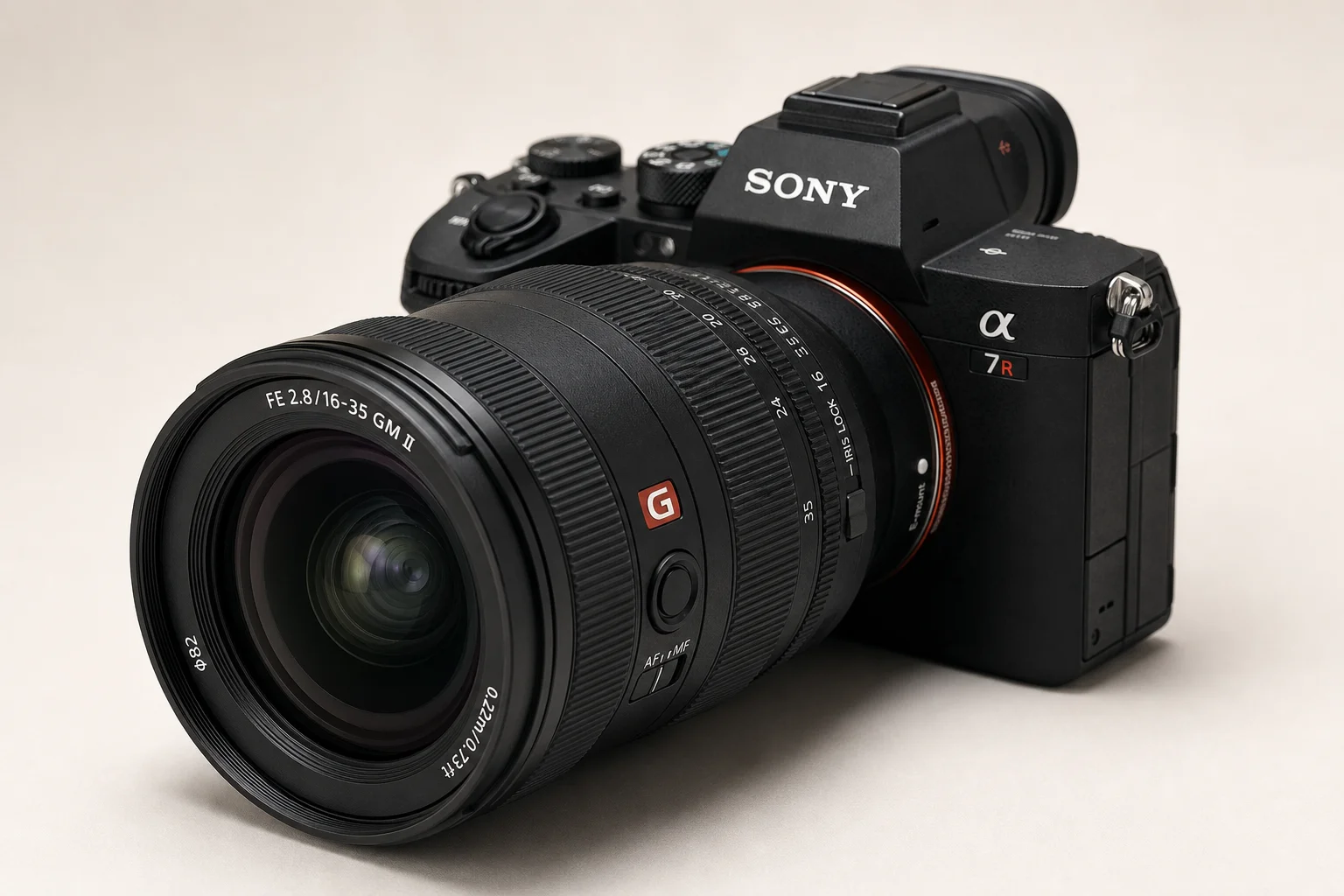 Sony 1635mm F2.8 GM2 lens mounted on mirrorless camera body on neutral backdrop