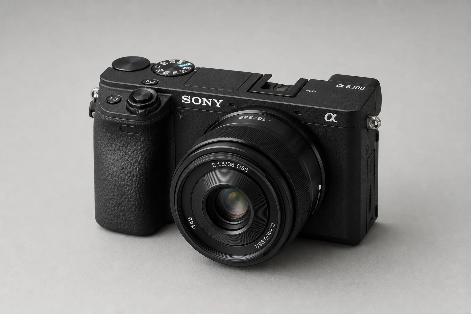 Sony A6400 mirrorless camera on neutral grey backdrop