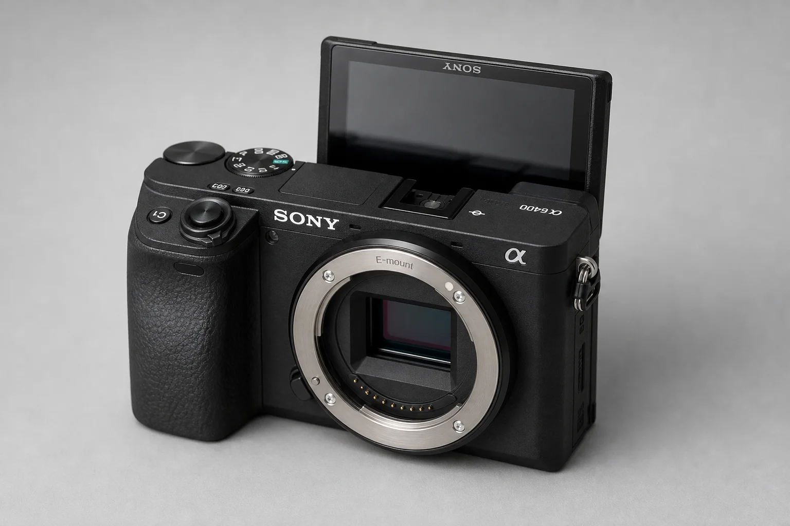 Sony A6400 mirrorless camera with attached zoom lens on brushed aluminium surface