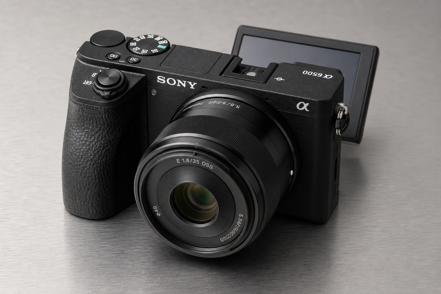 Sony A6400 mirrorless camera on neutral grey backdrop