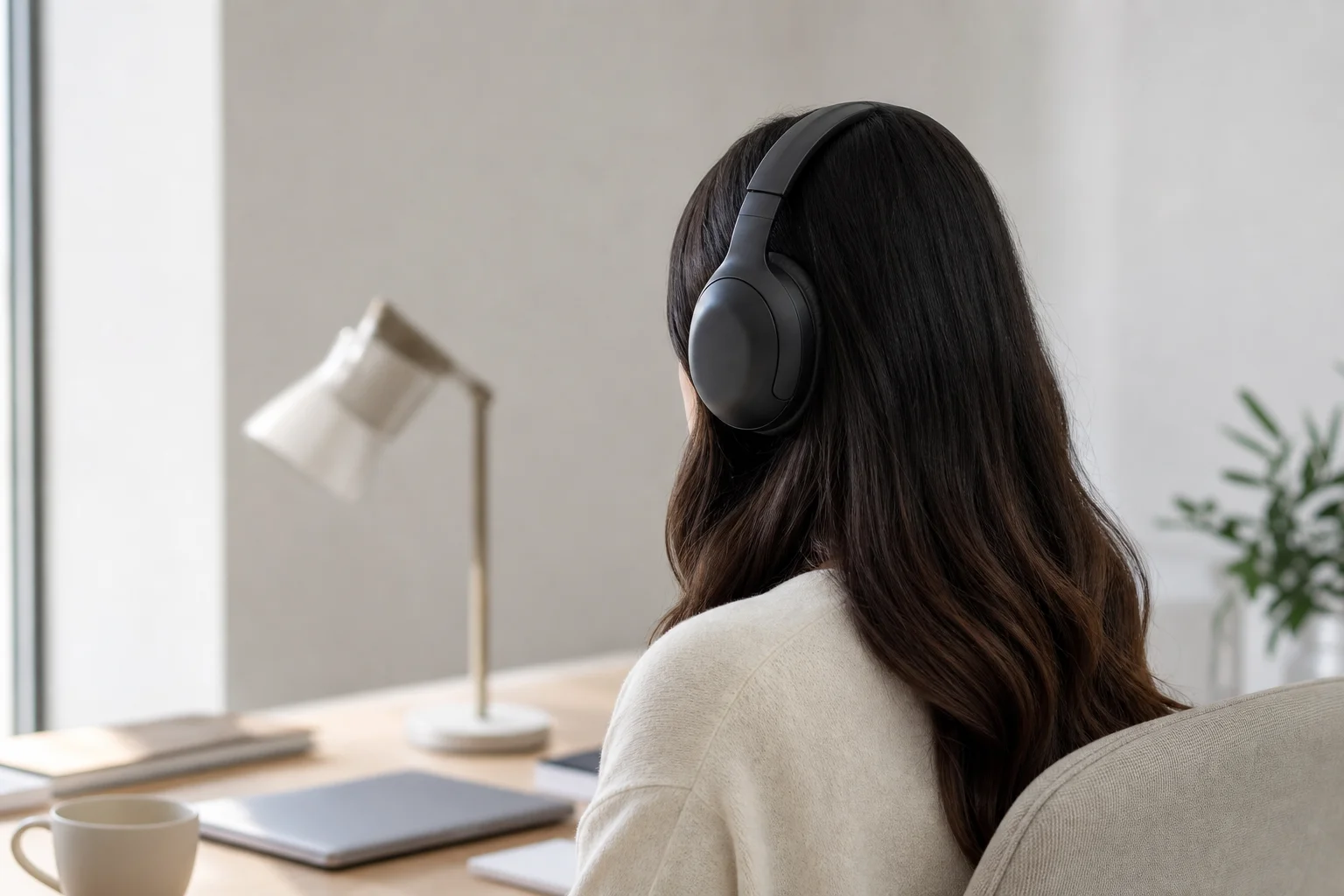 Person wearing over-ear headphones in a quiet office environment