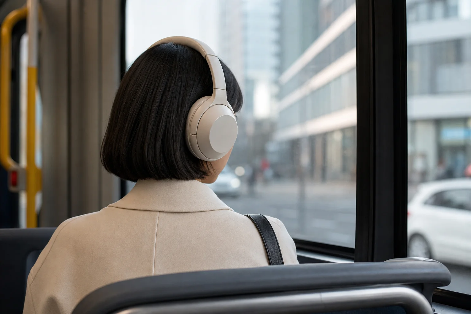 Commuter on public transit wearing noise-canceling headphones