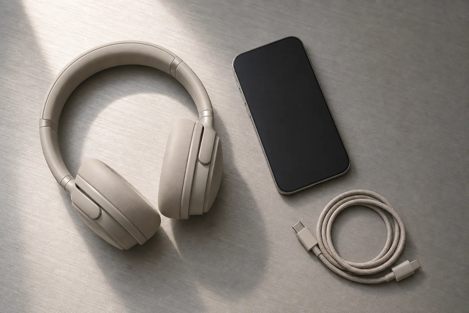 Overhead flat-lay of headphones with smartphone and charging cable