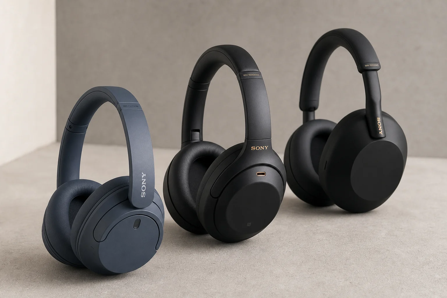 Three Sony headphone models arranged by price tier on concrete surface