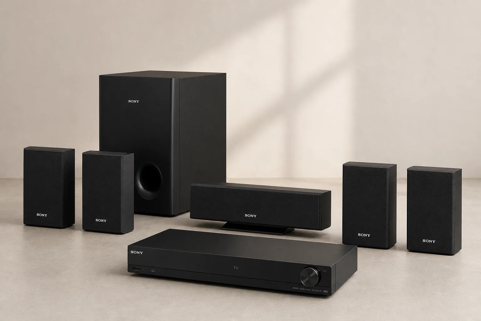 Sony HT-IV300 五聲道家庭劇院系統，中置與環繞喇叭置於中性背景前