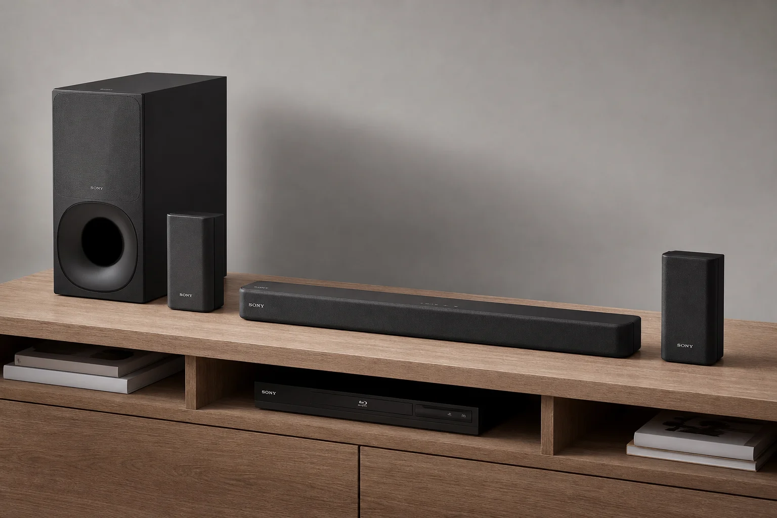 放置於媒體櫃上的現代化 Soundbar 系統，包含重低音喇叭與後環繞喇叭