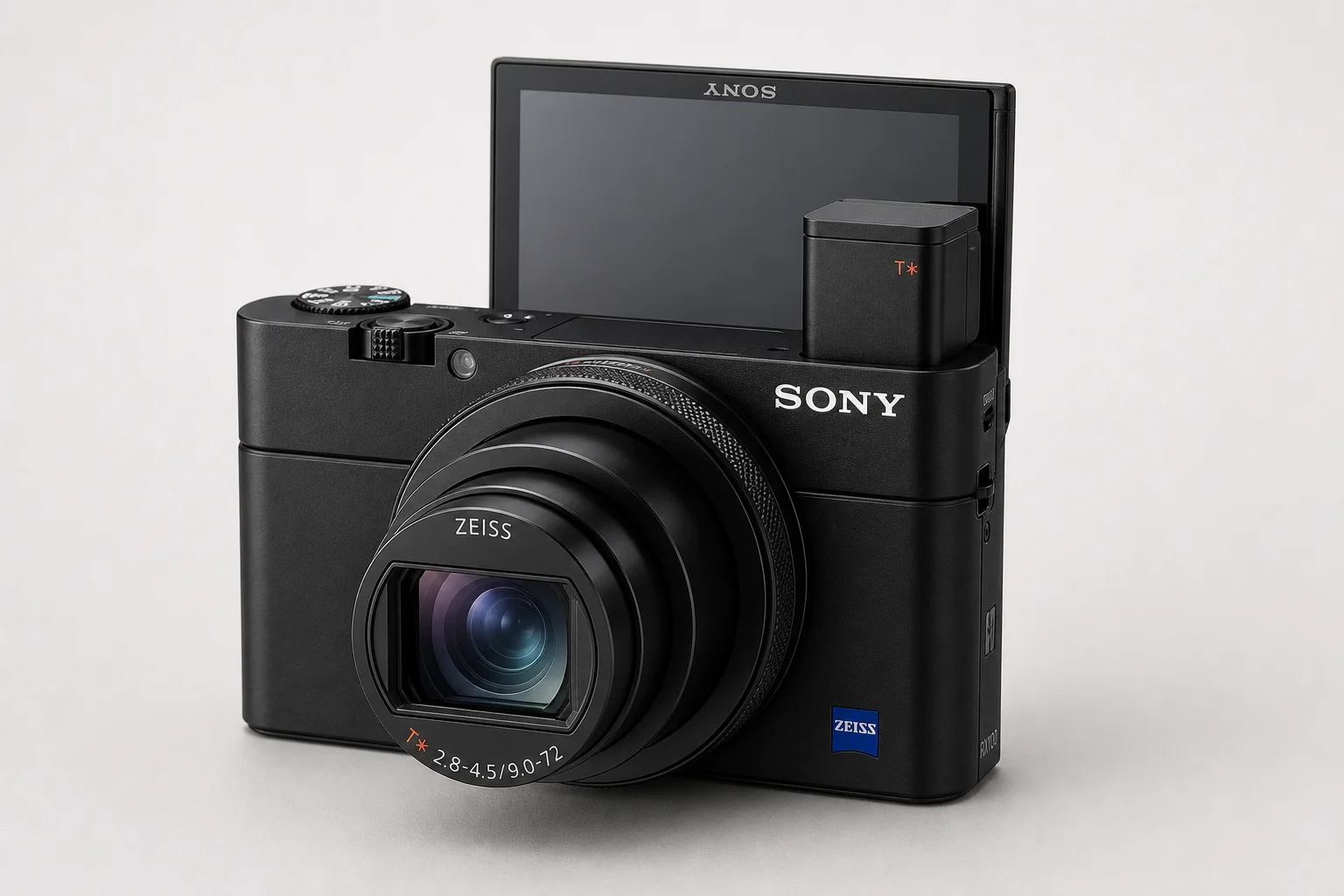 Apple iPhone 16 Pro and Sony RX100 Mark VII cameras side by side on grey backdrop