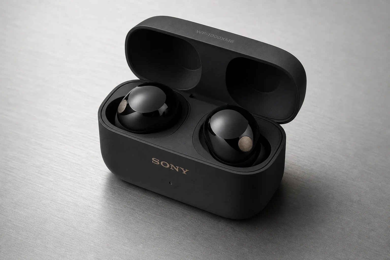 Sony WF-1000XM6 earbuds and charging case on brushed aluminium surface