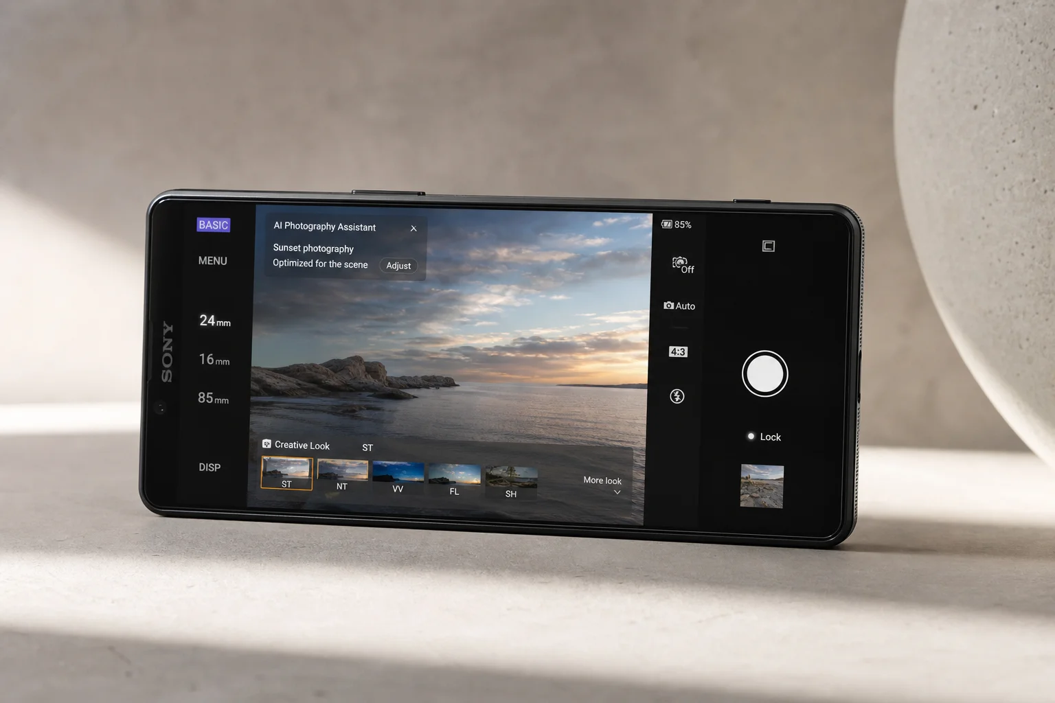 Smartphone displaying AI photography assistant interface with color profile suggestions