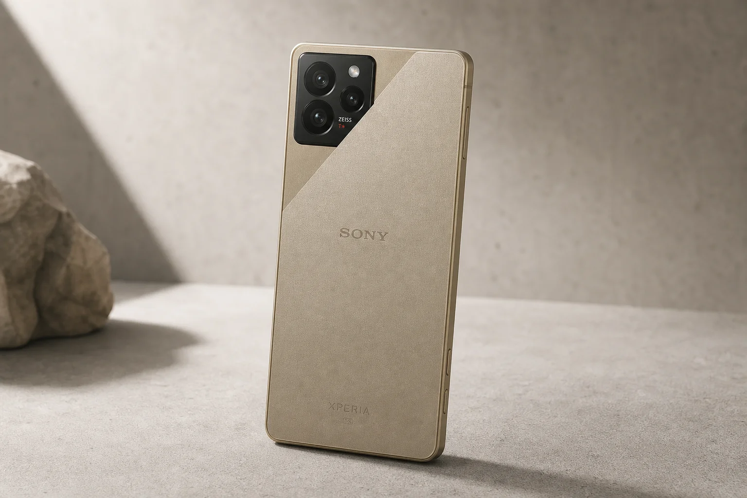 Sony Xperia 1 VIII smartphone with mineral-aesthetic back design on concrete surface