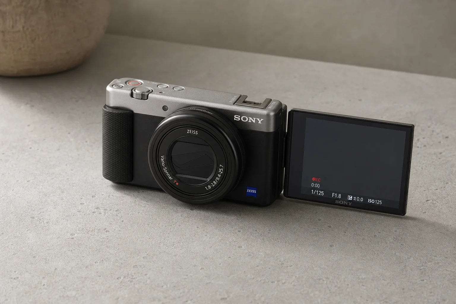 Sony ZV-1 小型 Vlogging 相機，翻轉螢幕展開並放置於水泥表面上