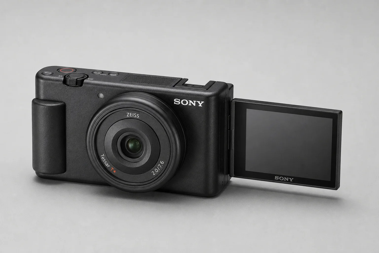 Five vlogging cameras arranged on concrete surface in descending order