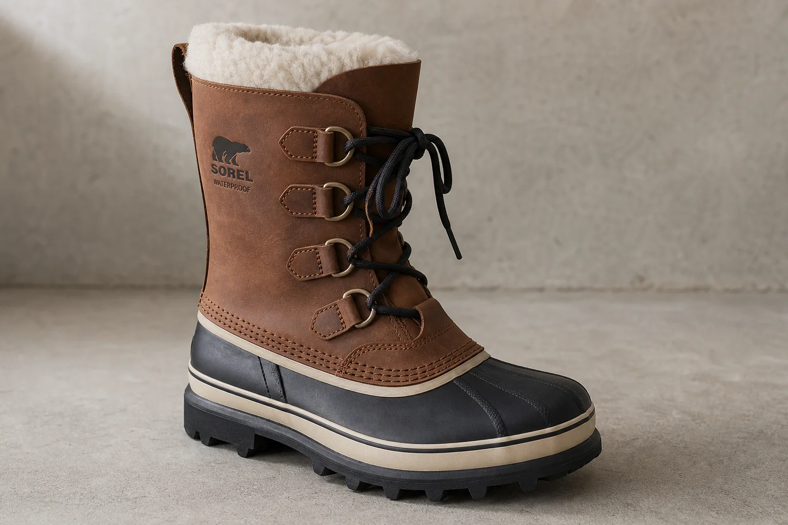 Five women's winter boots displayed on concrete surface showing variety of styles