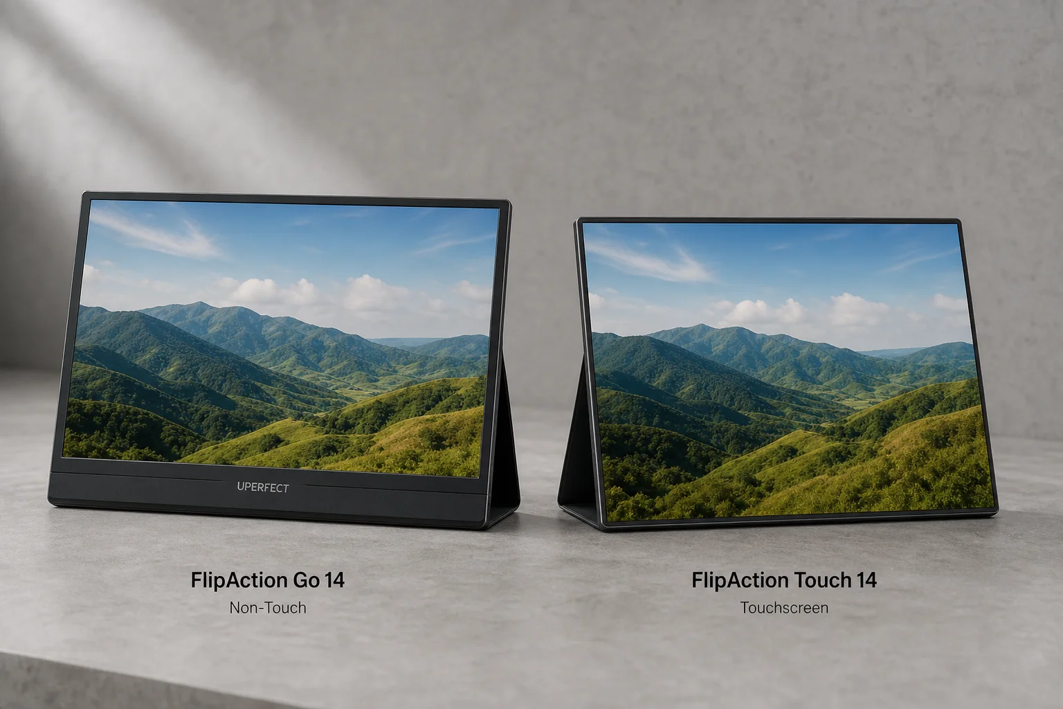 SOTSU FlipAction Go 14 與 Touch 14 可攜式螢幕並排放在水泥地面上