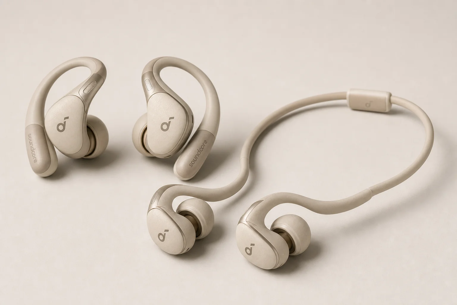 Collection of 12 true wireless earbuds arranged on concrete surface