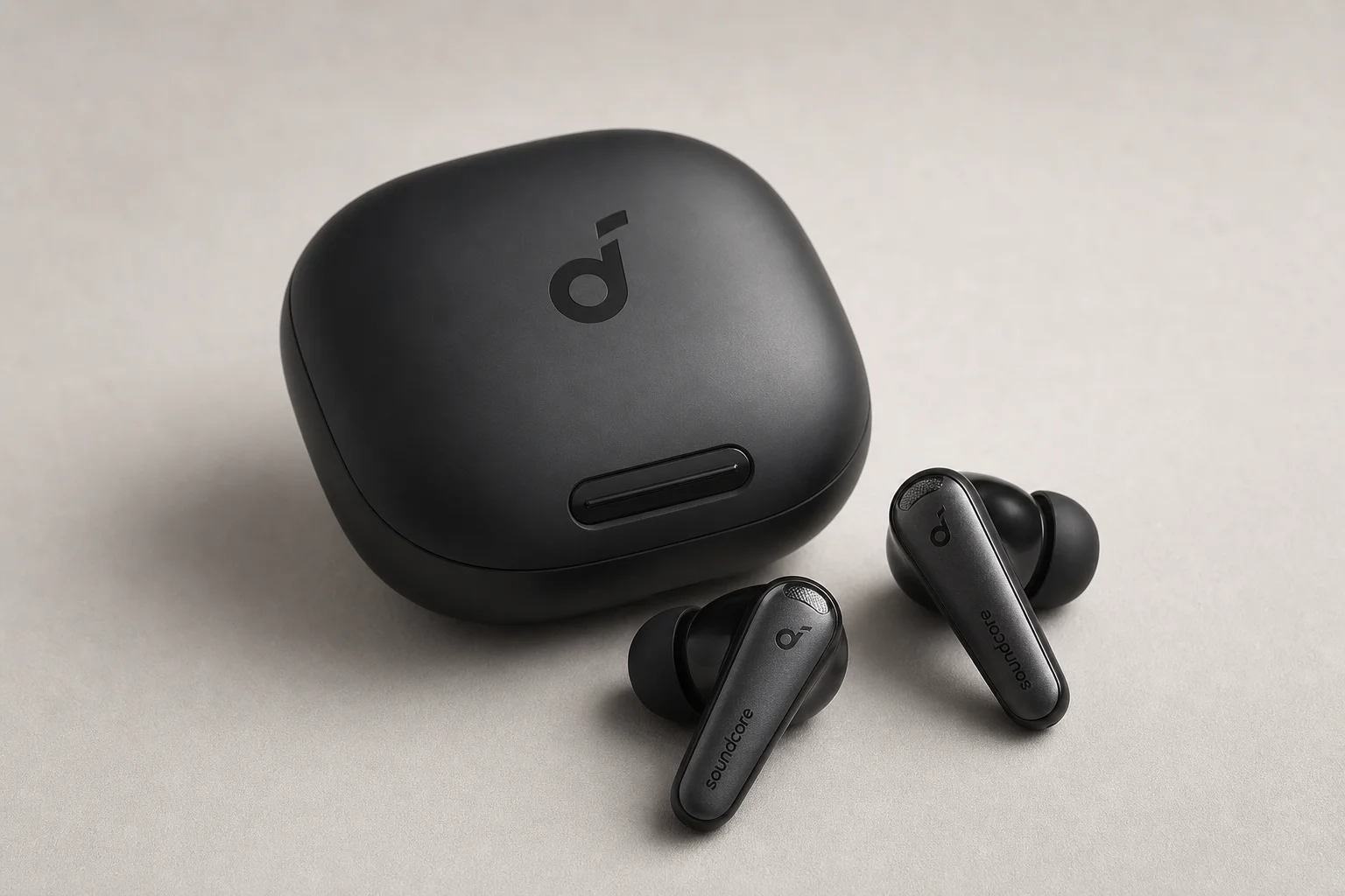 Five wireless earbuds arranged on concrete surface