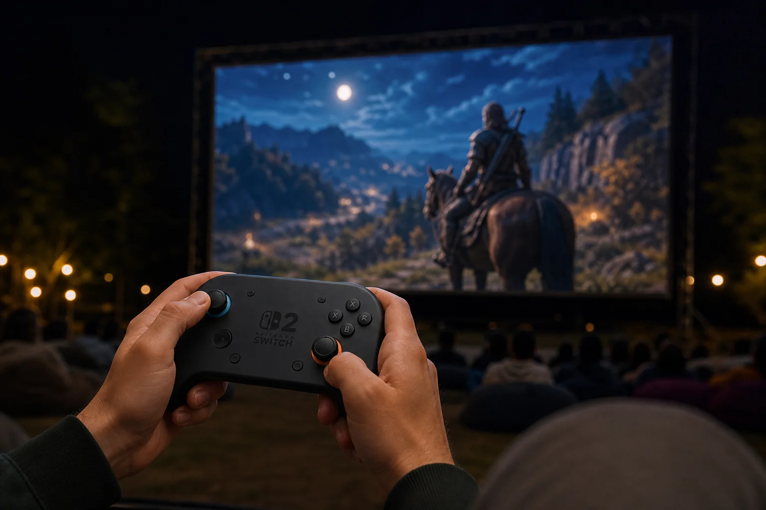在大型戶外投影螢幕前手持 Nintendo Switch 2 控制器。