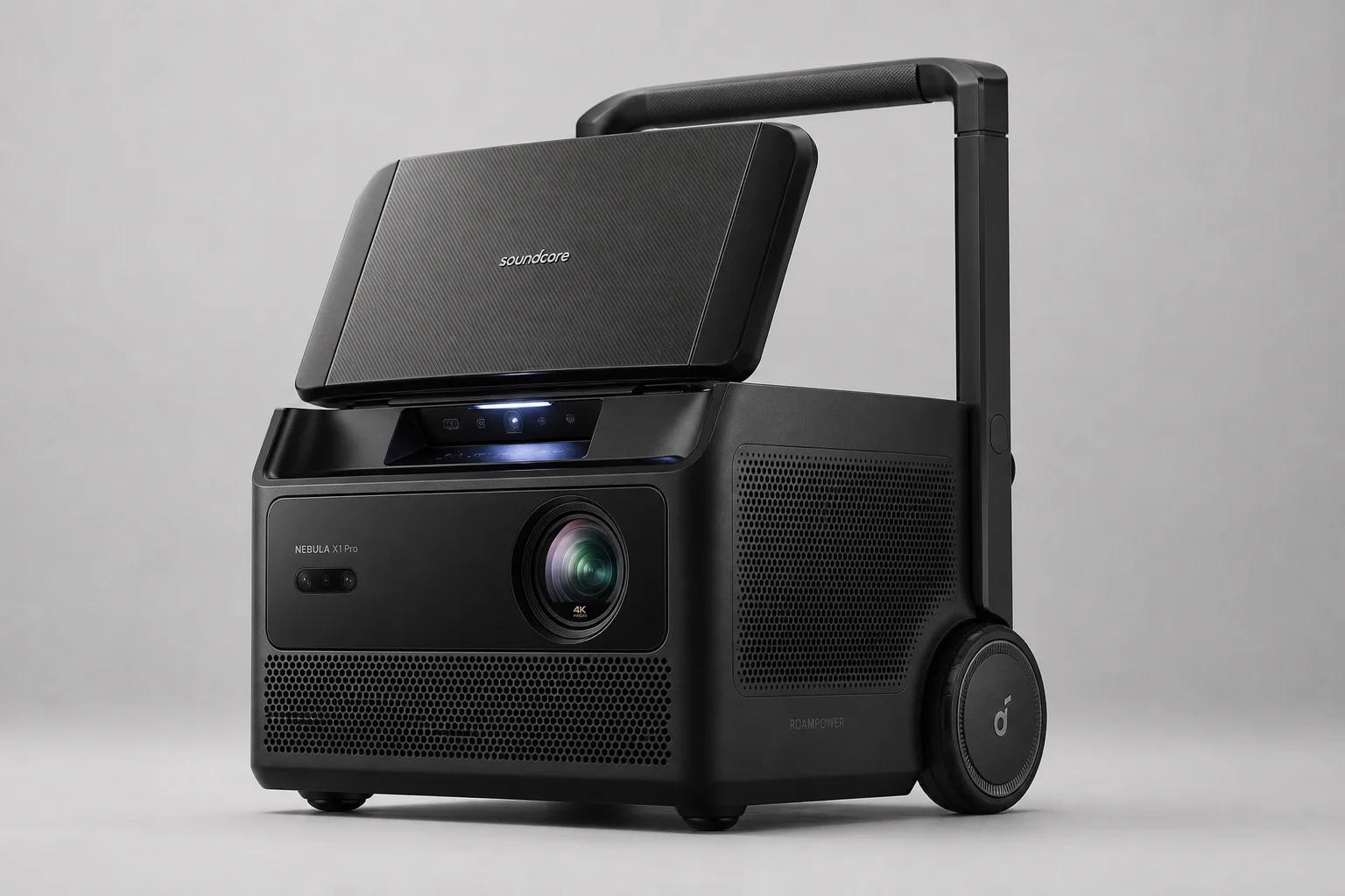 Soundcore Nebula X1 Pro 投影機主機，頂蓋開啟並配備整合式滾輪，背景為灰色。