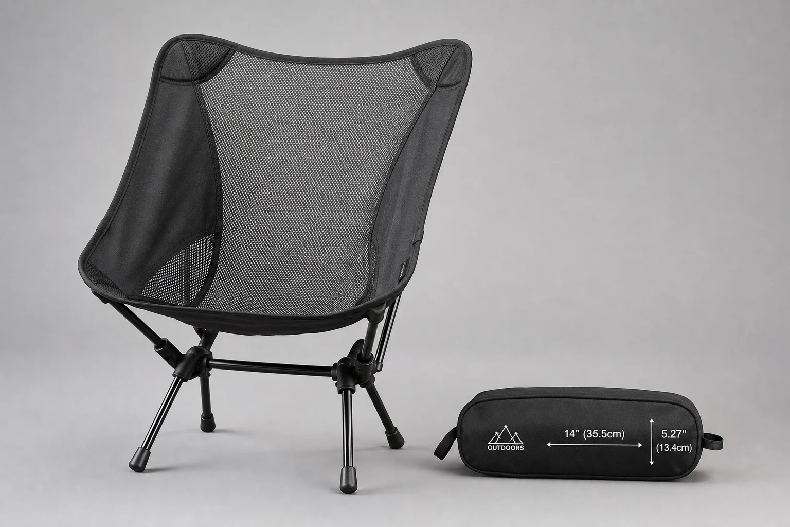 Four ultralight camping chairs arranged on neutral backdrop