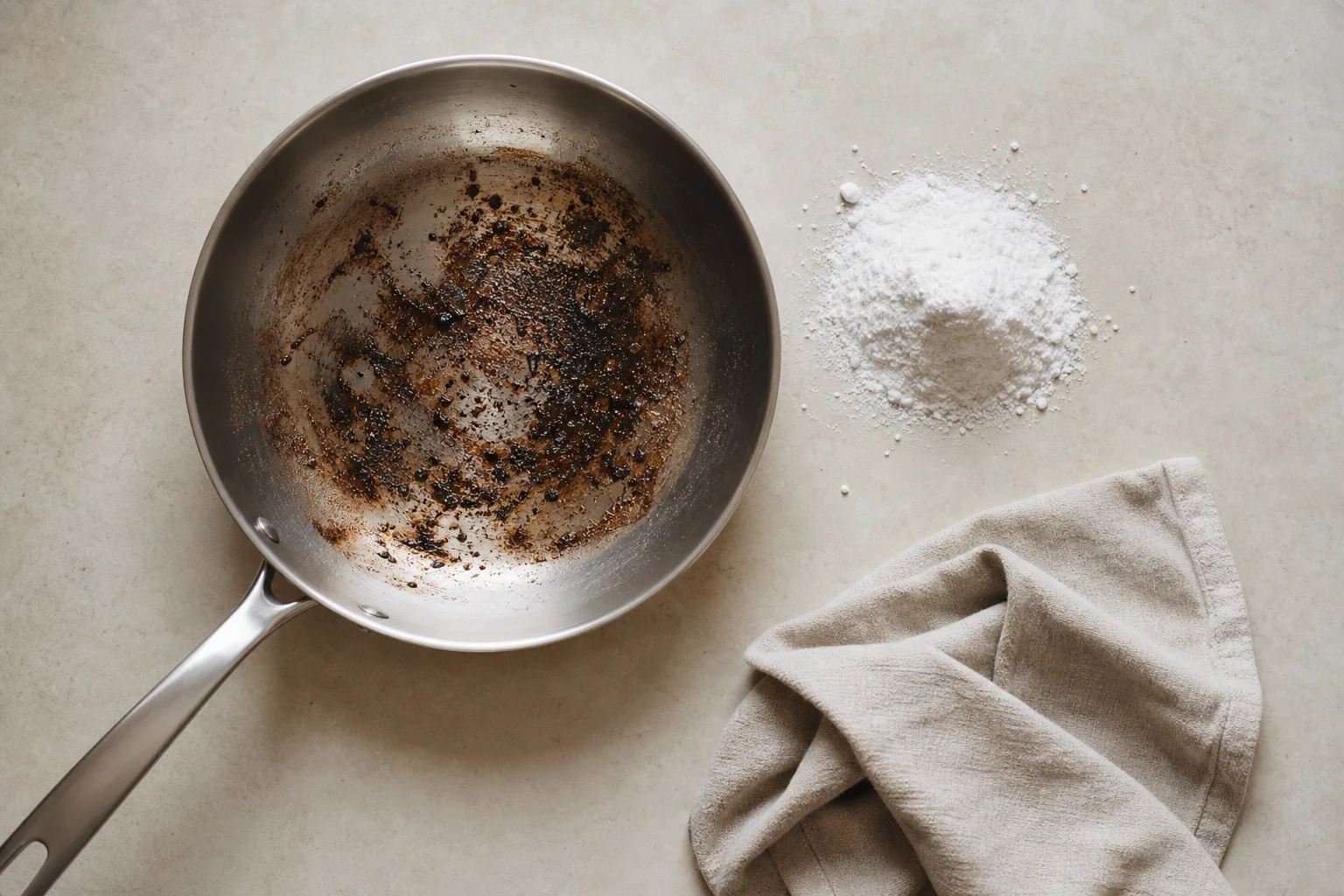 使用粉末狀研磨清潔劑與軟布清潔不鏽鋼鍋