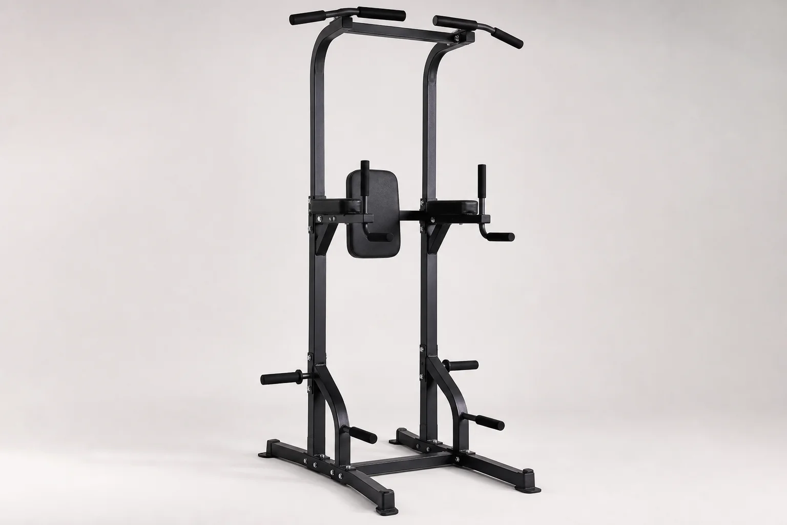 Six pull up bars and training towers arranged on neutral backdrop