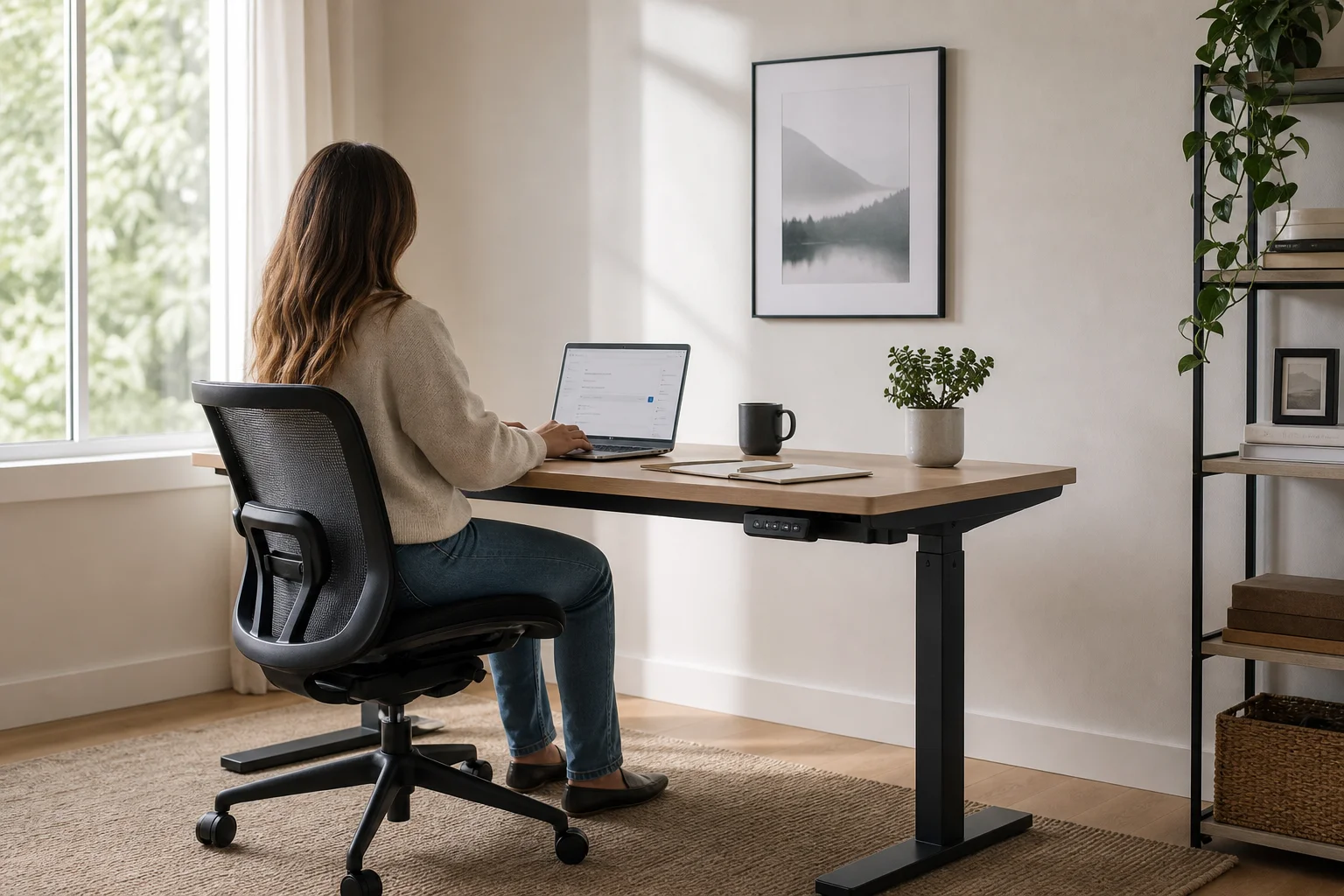 Person seated at standing desk in lowered position working on laptop