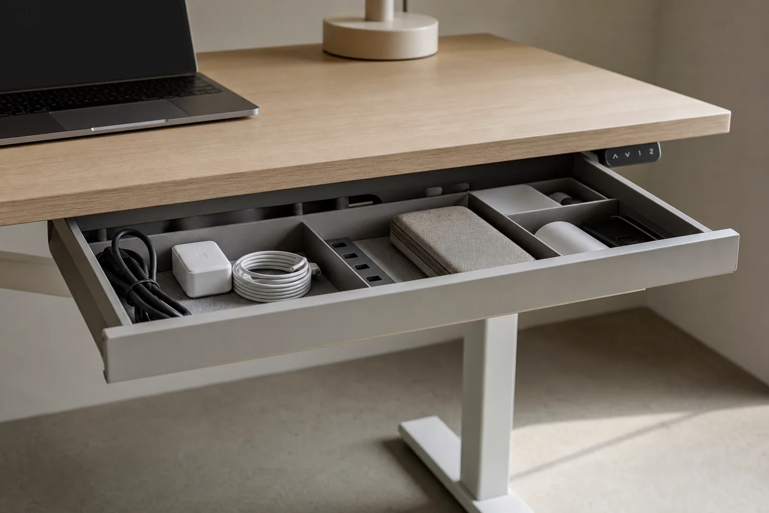Standing desk with open storage drawer showing organized cables and compartments