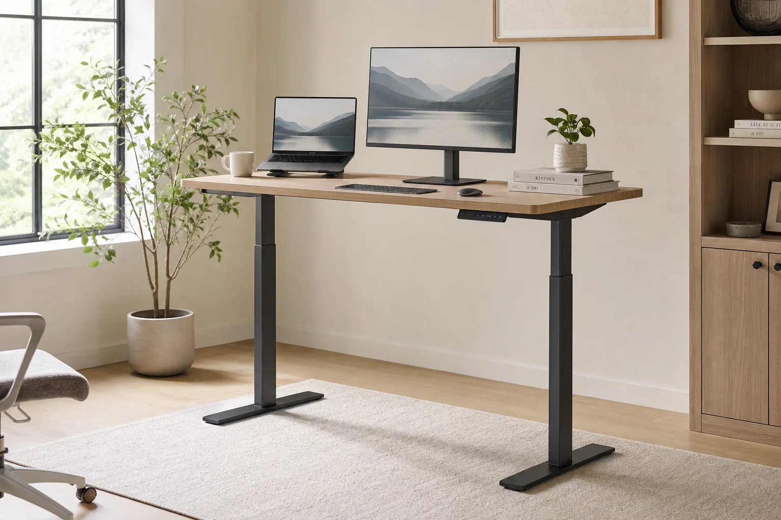 Modern standing desk in raised position with laptop and monitor in bright home office