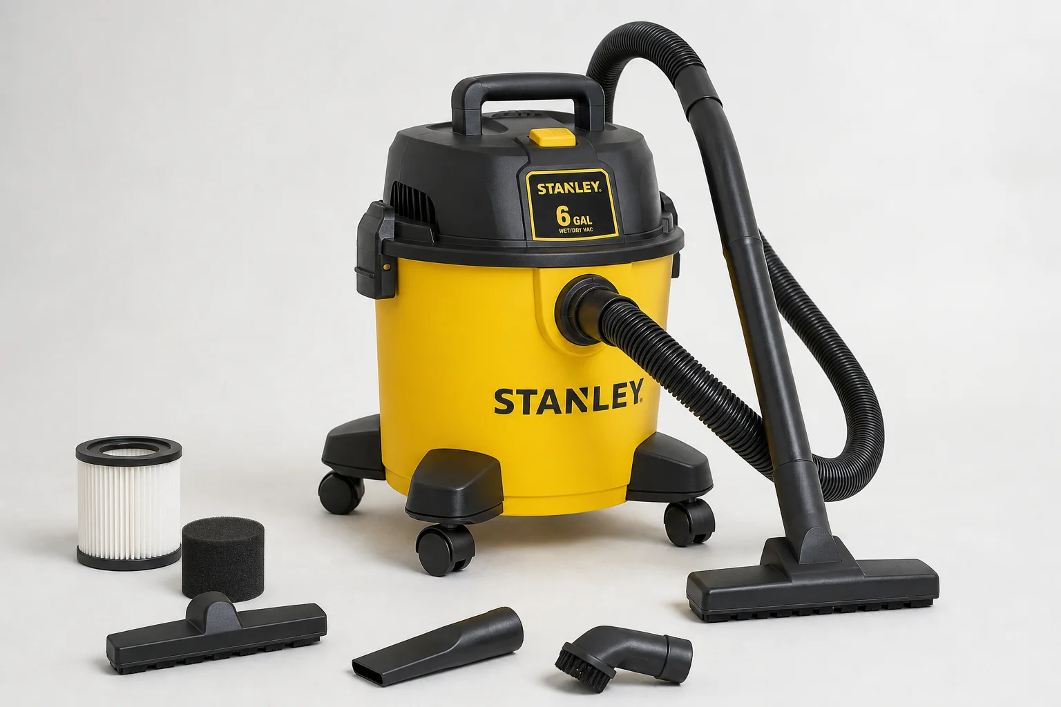 Eight wet/dry vacuums of varying sizes arranged on concrete surface