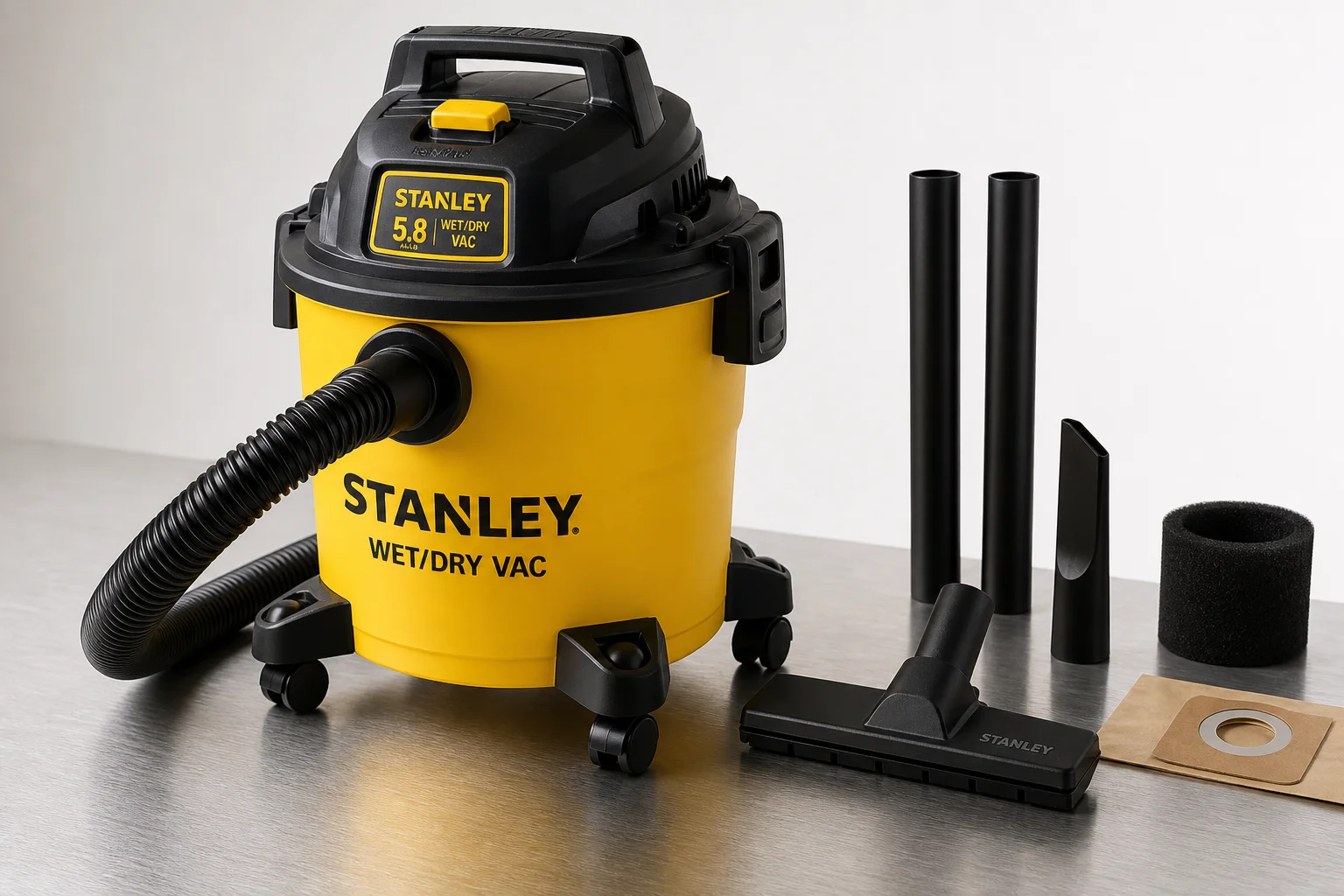 Five shop vacuums of varying sizes arranged on a concrete workshop floor