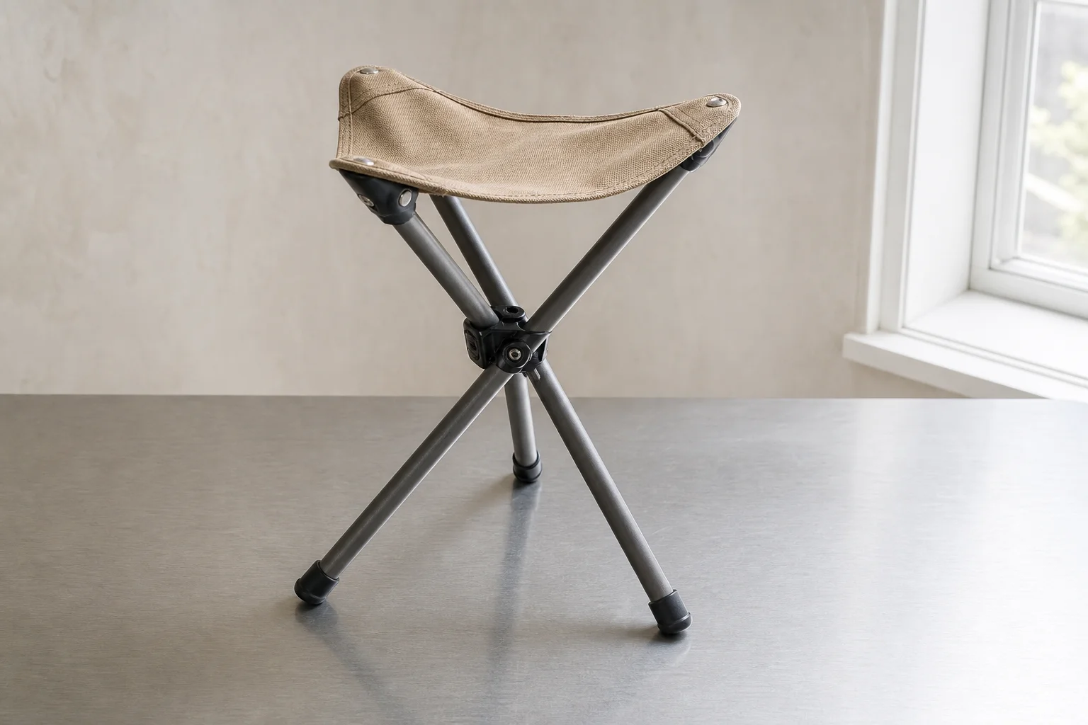 Five backpacking chairs arranged on concrete surface showing variety of styles and weights
