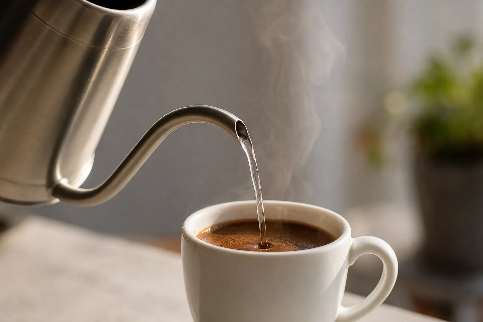 Close-up of gooseneck spout pouring hot water in a steady stream into a coffee cup