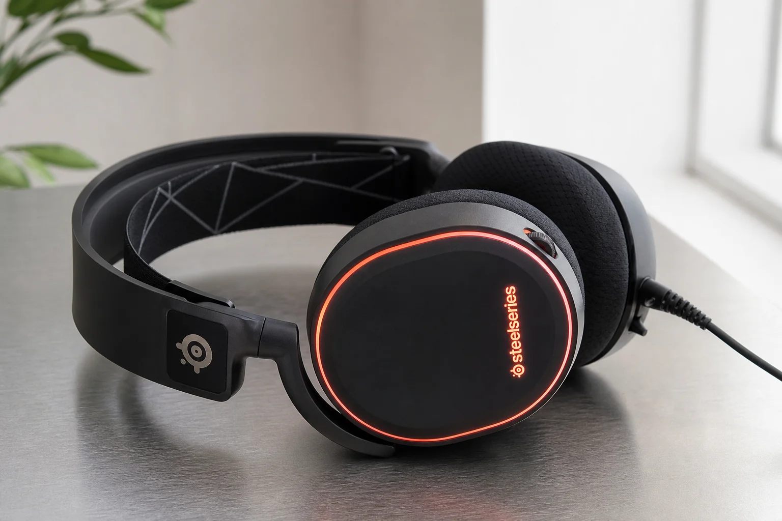 Four gaming headsets displayed in a row on concrete surface