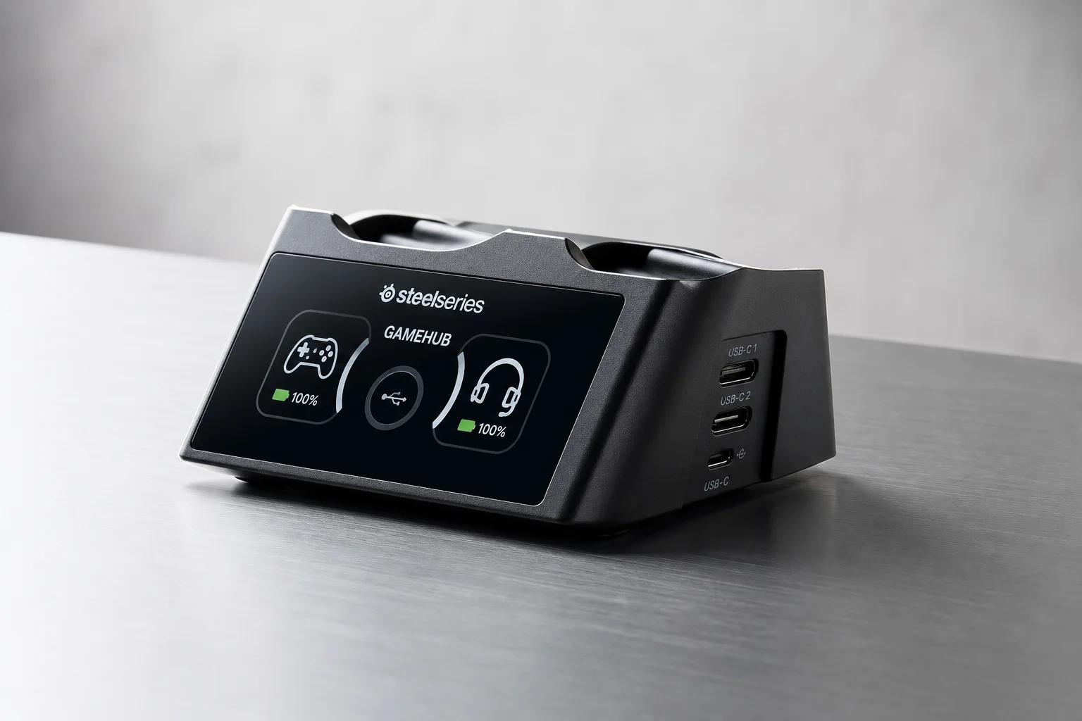 GameHub charging dock with OLED display and USB-C ports