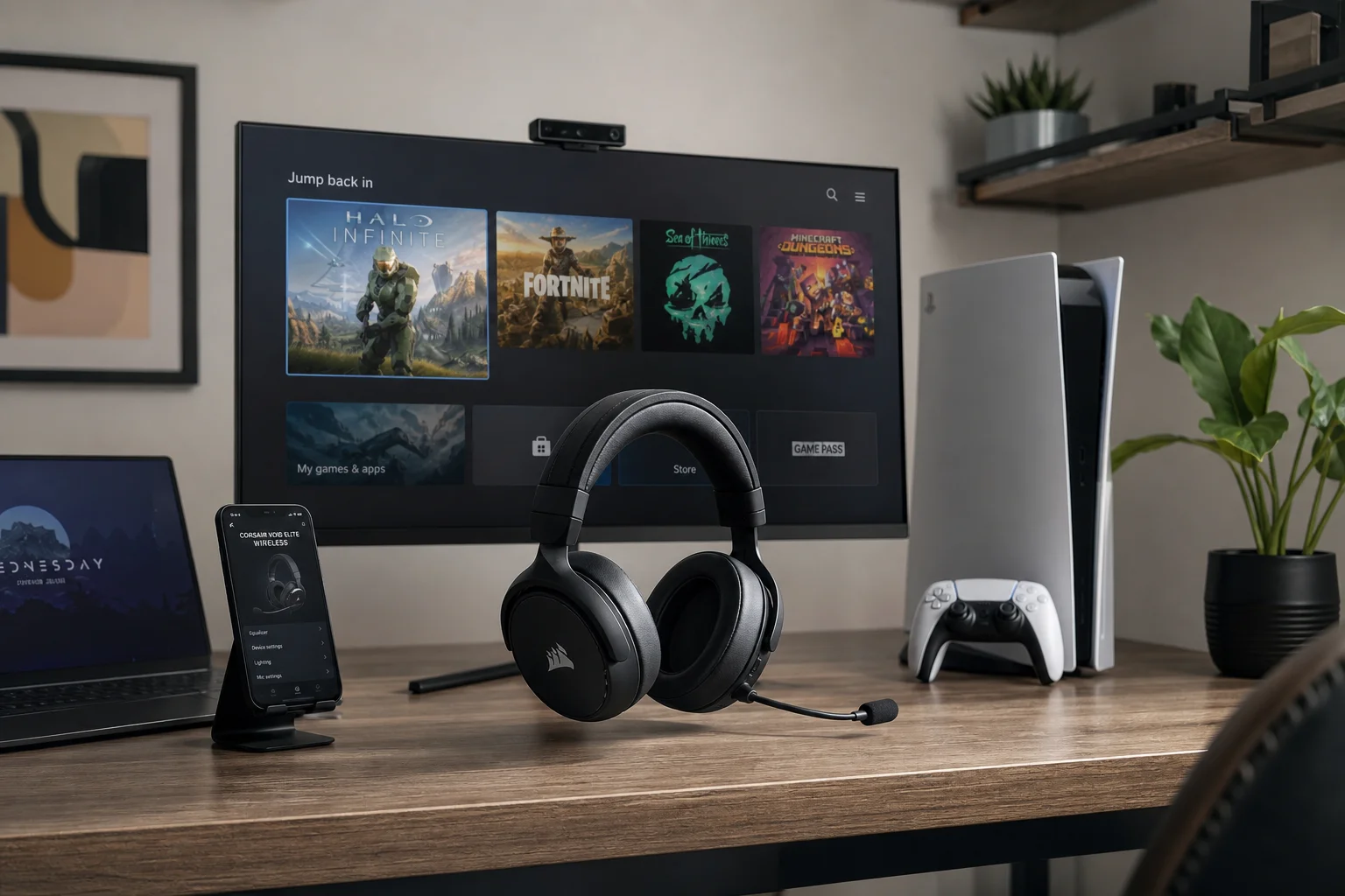 Gaming setup with multiple platforms and headset showing multi-device connectivity