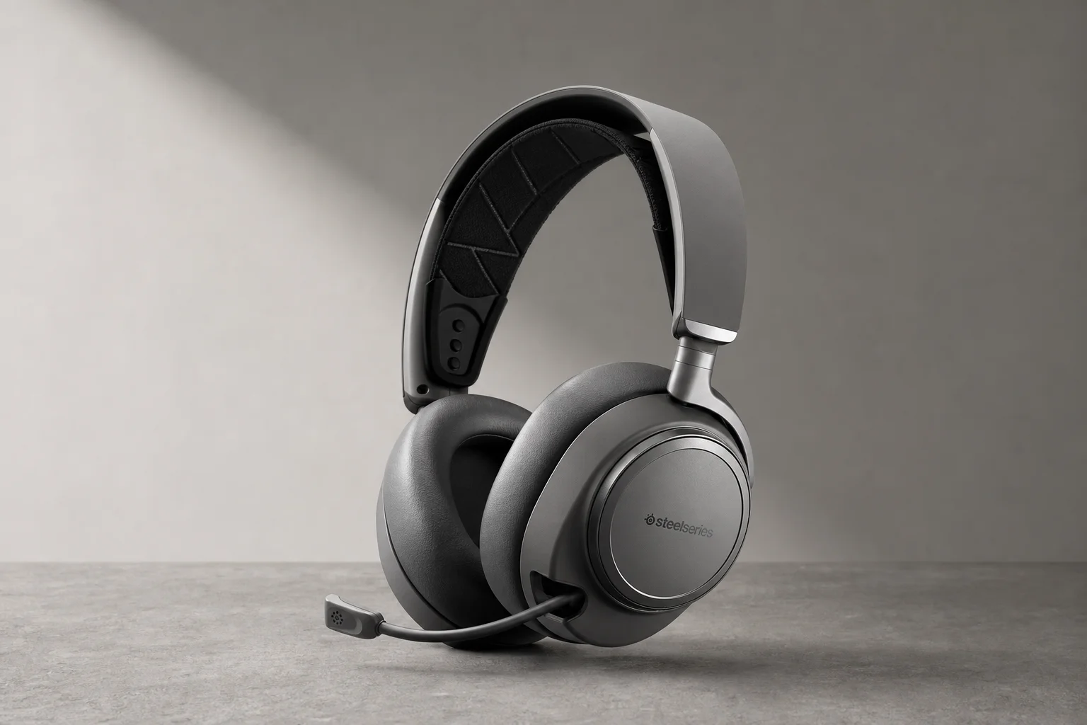 SteelSeries Arctis Nova Pro Omni gaming headset on grey surface