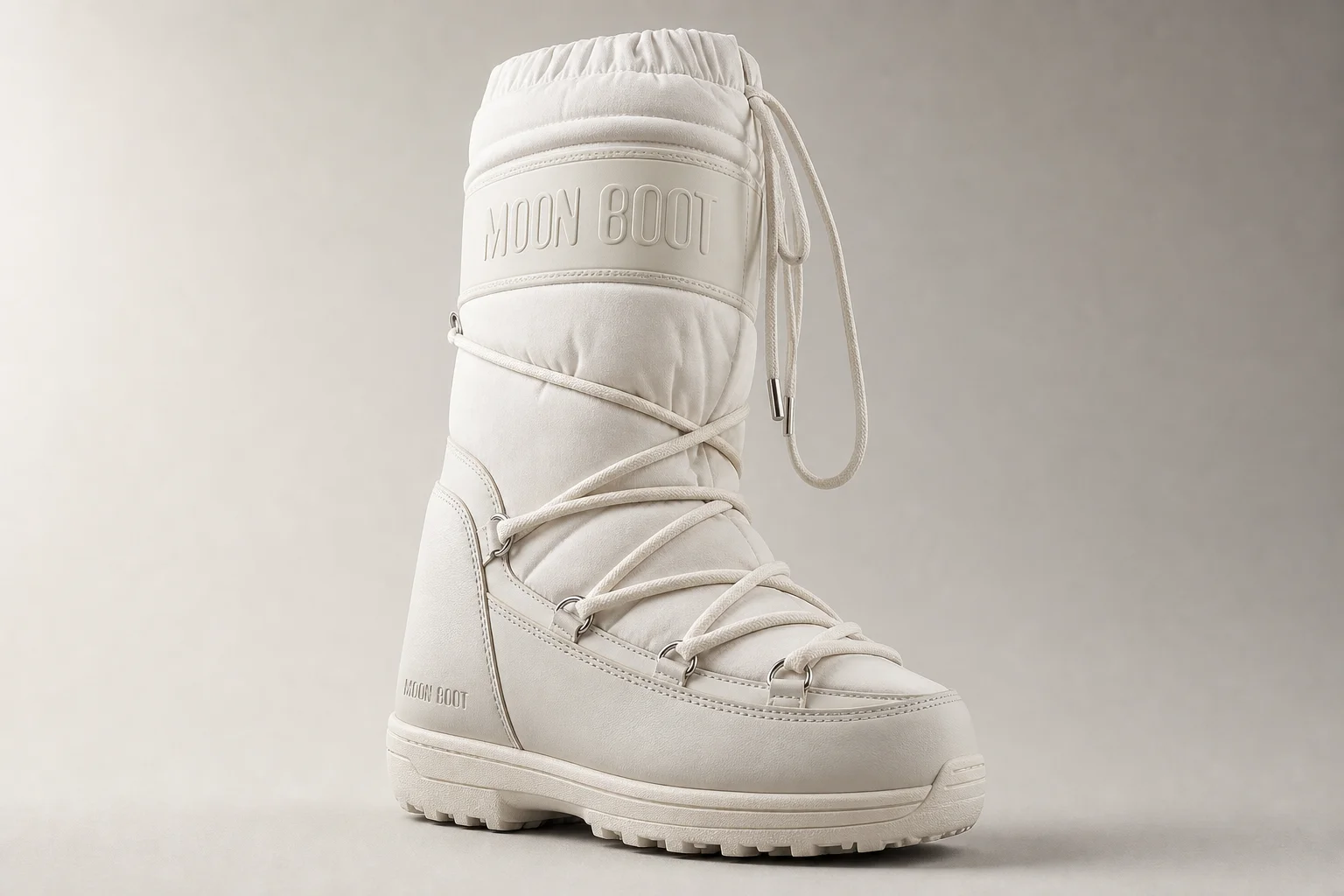Collection of diverse winter boots arranged on concrete surface