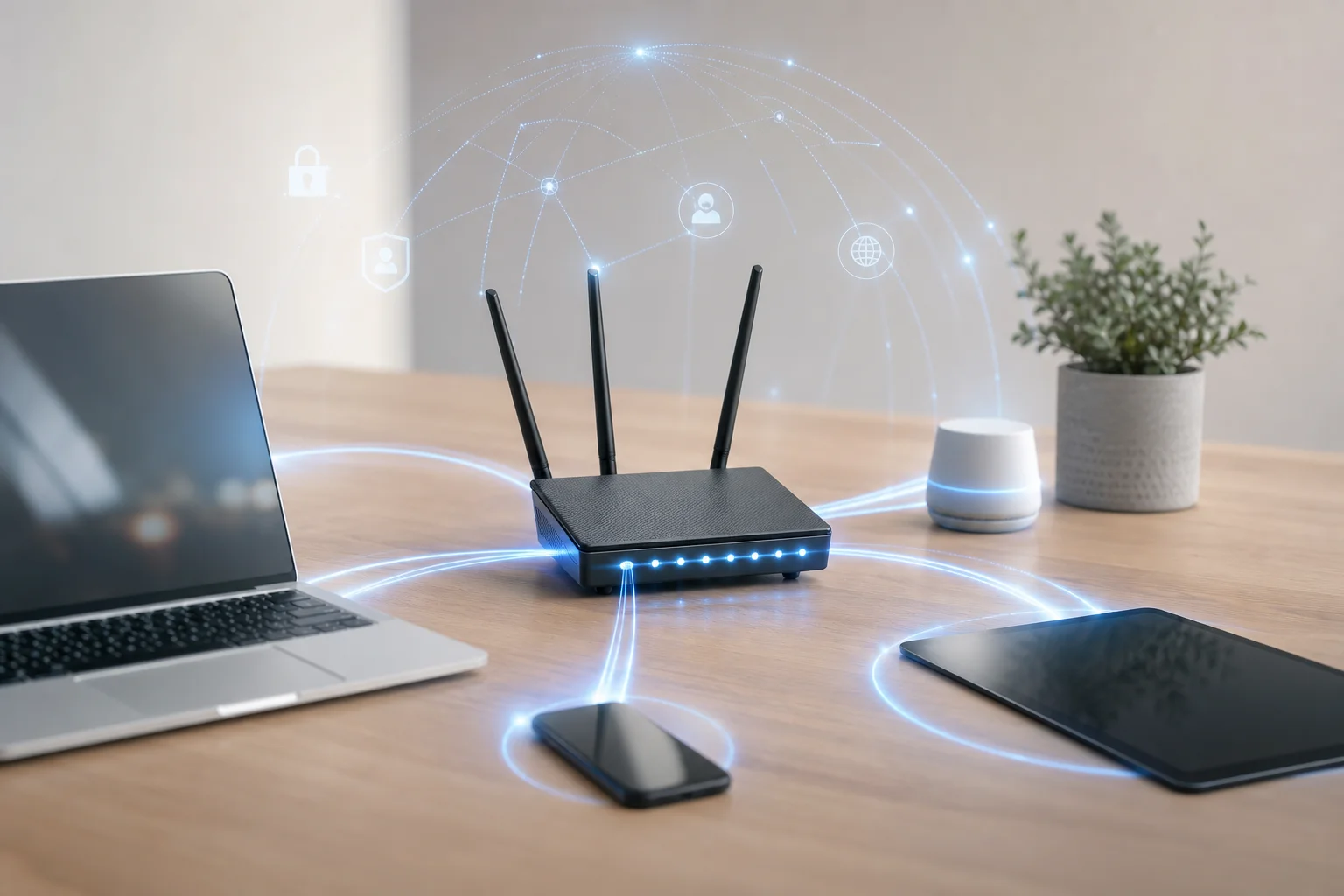 網路安全視覺化圖示，包含 Wi-Fi 路由器與已連接裝置