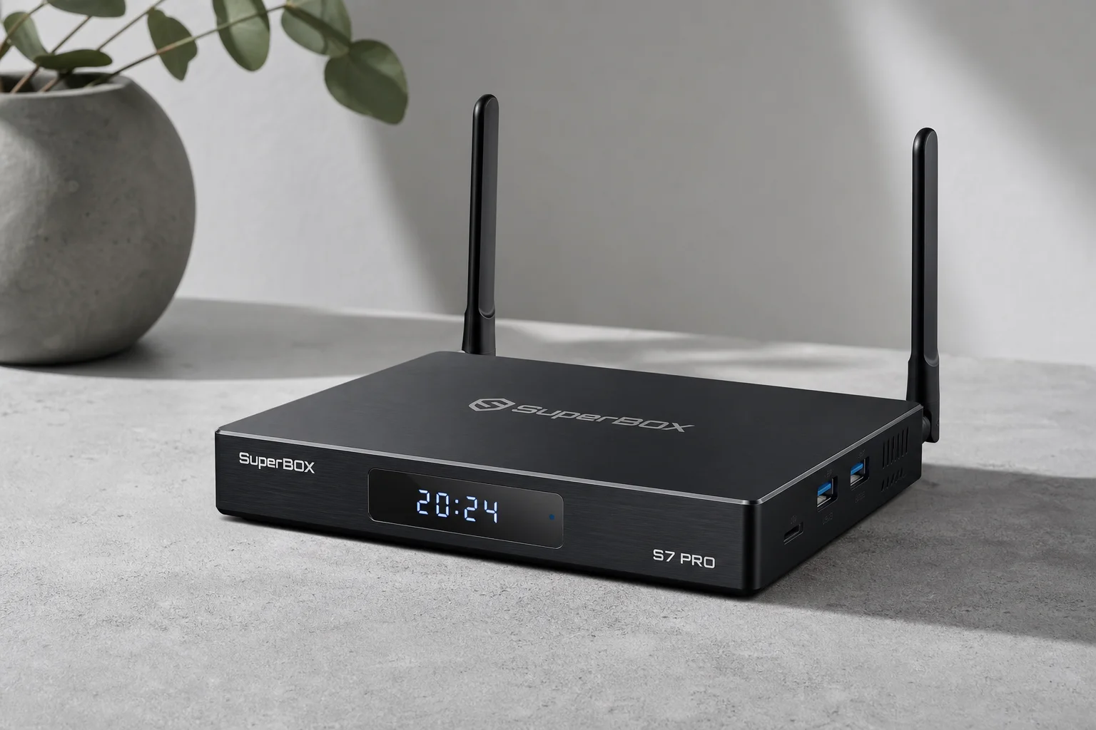 放置於中性水泥表面上的 SuperBox S7 Pro 串流媒體播放器
