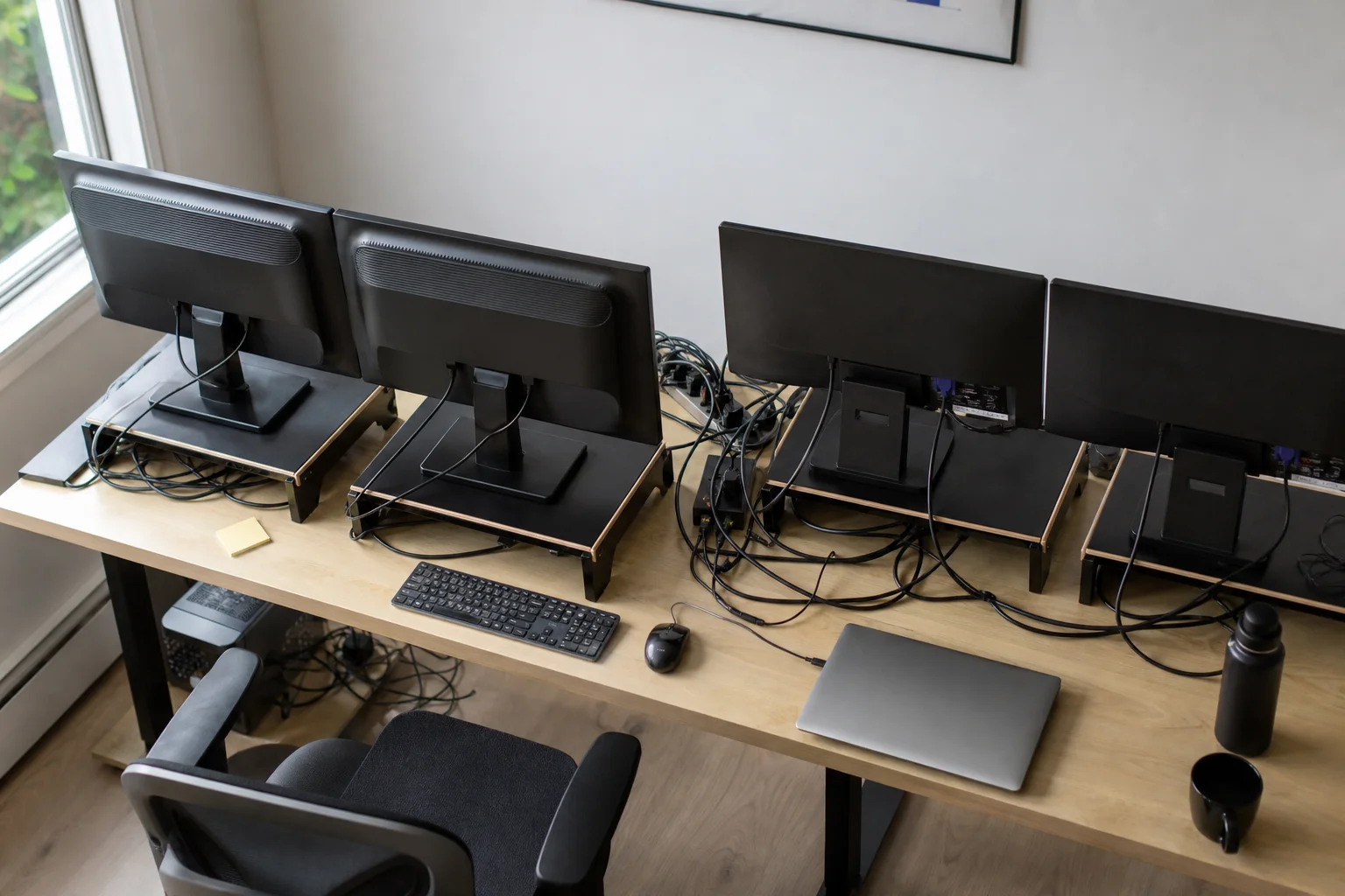 Desk workspace with cluttered monitor stands taking up surface space