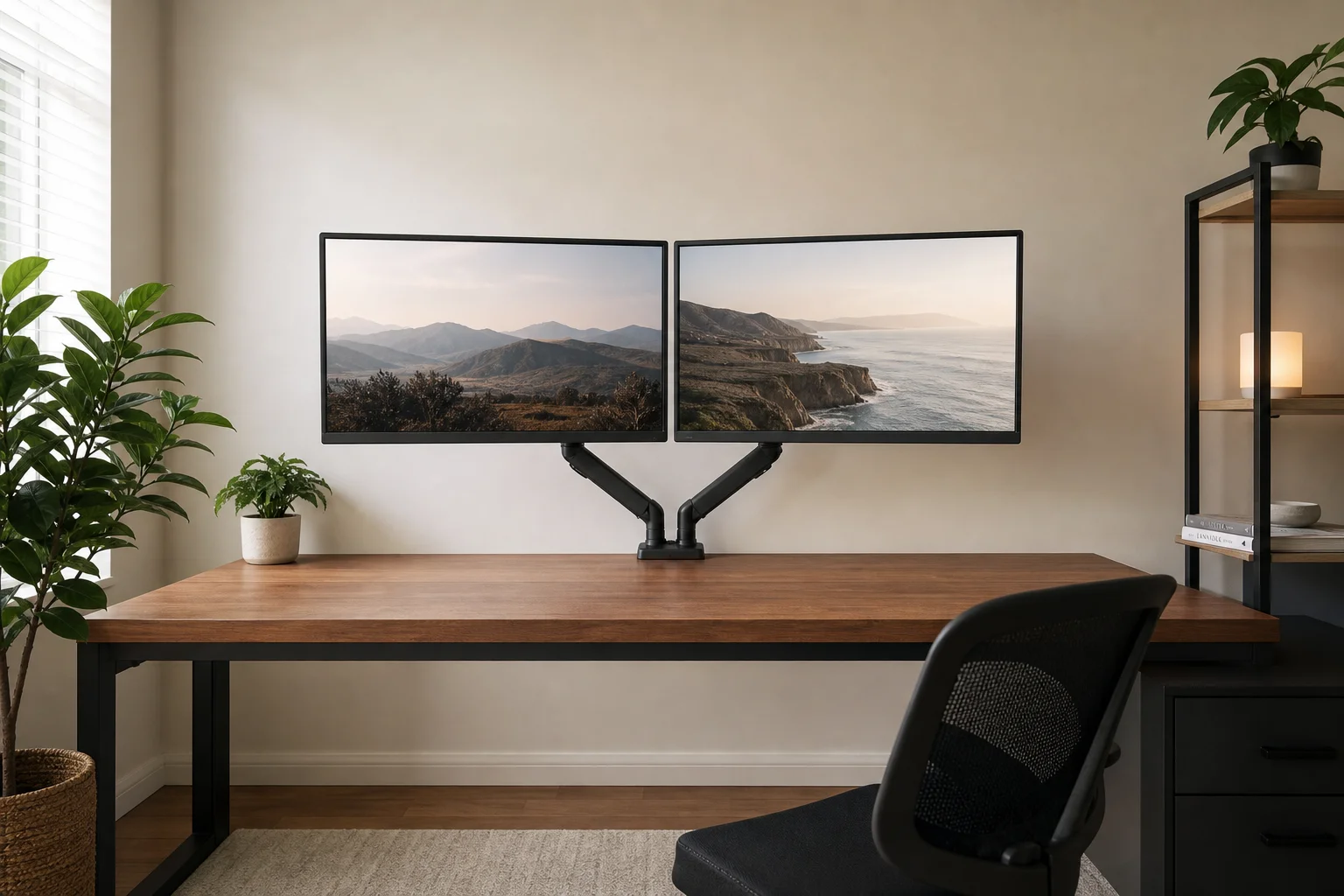 Desk workspace after monitor arm installation with clear surface and floating screens