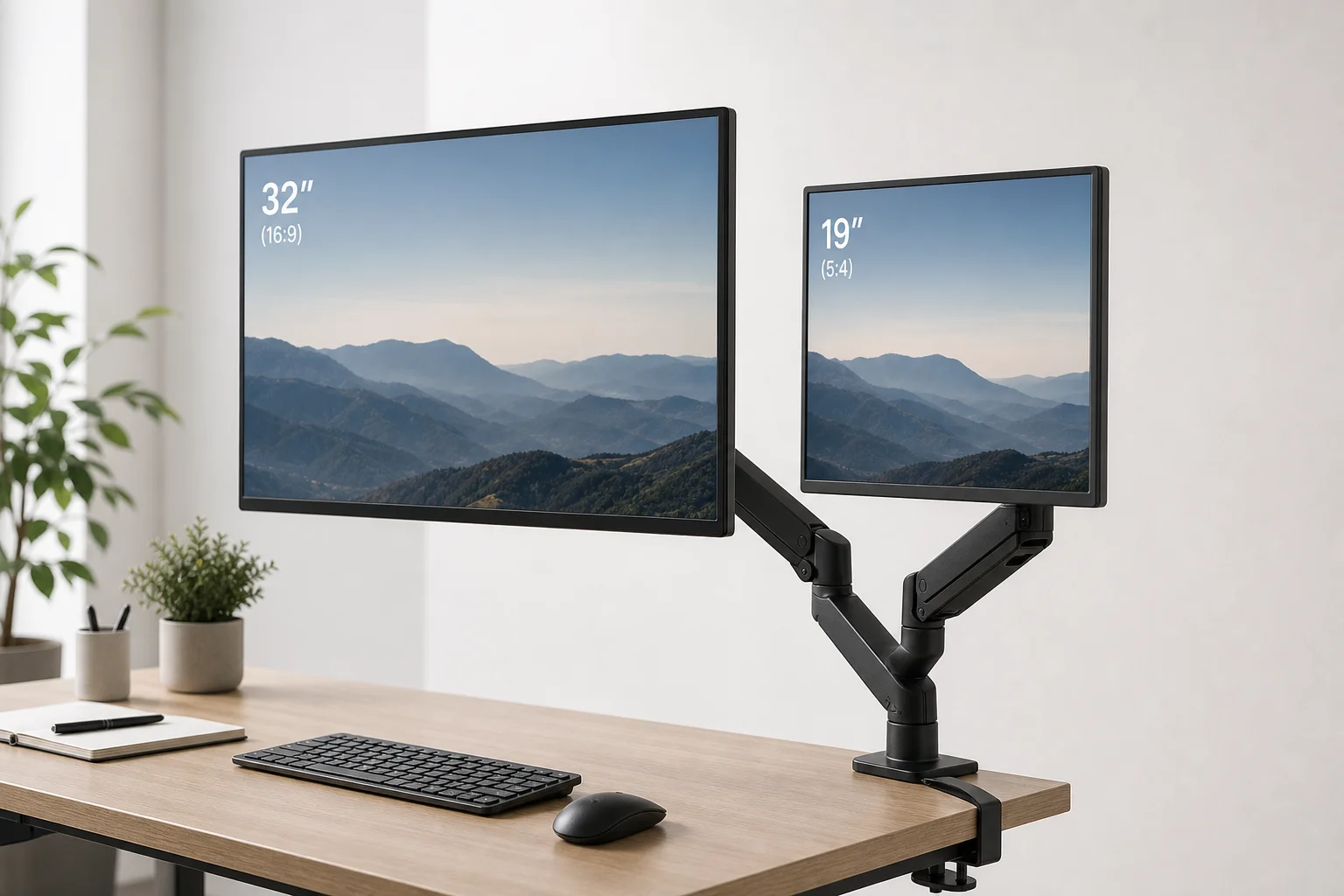 Suptek MD8SP dual monitor arm with two monitors mounted at eye level on a desk