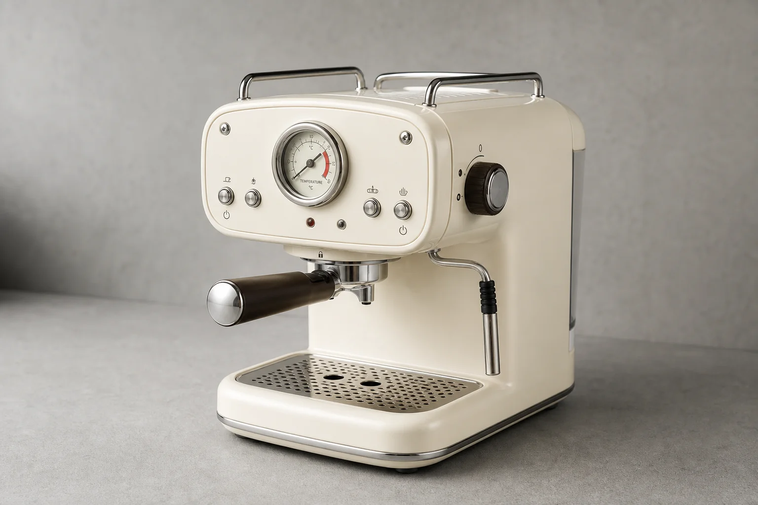 五台平價 Espresso 咖啡機並排擺放在水泥地面上