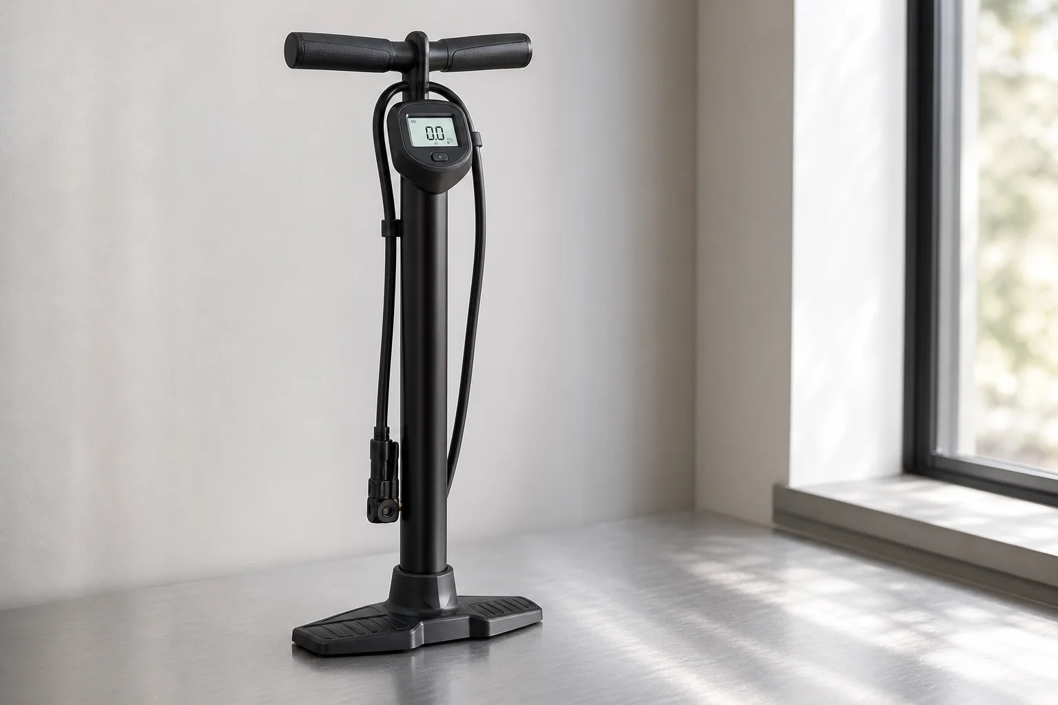 Five bike pumps displayed on concrete surface in staggered arrangement