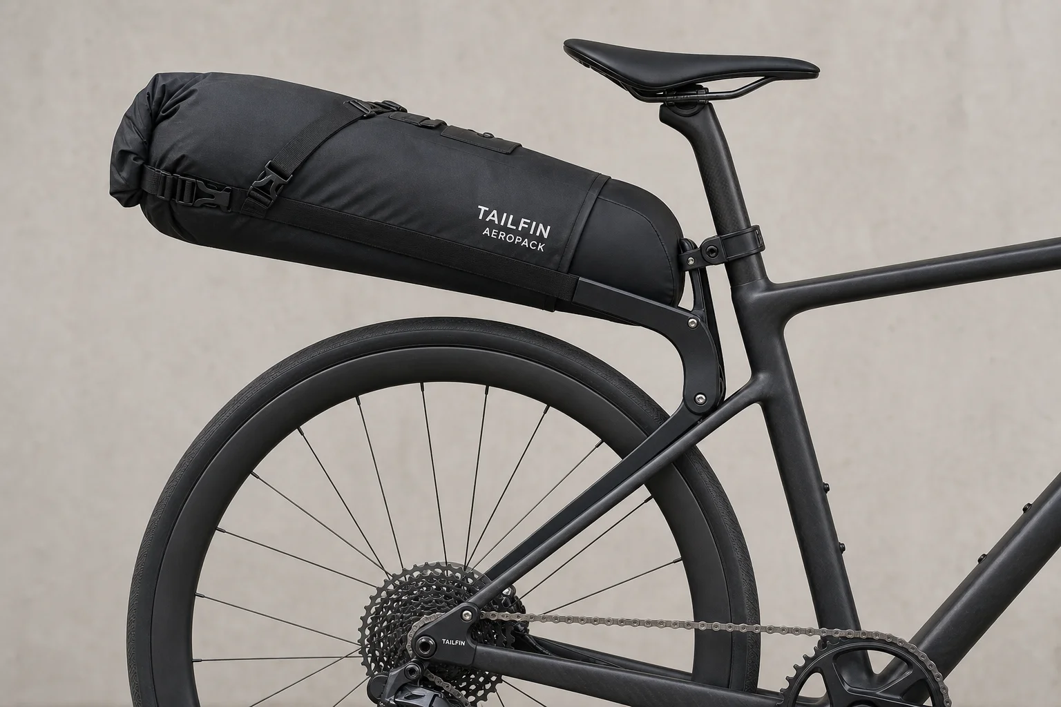 Carbon road bike frame with Tailfin AeroPack mounted on rear axle and seatpost