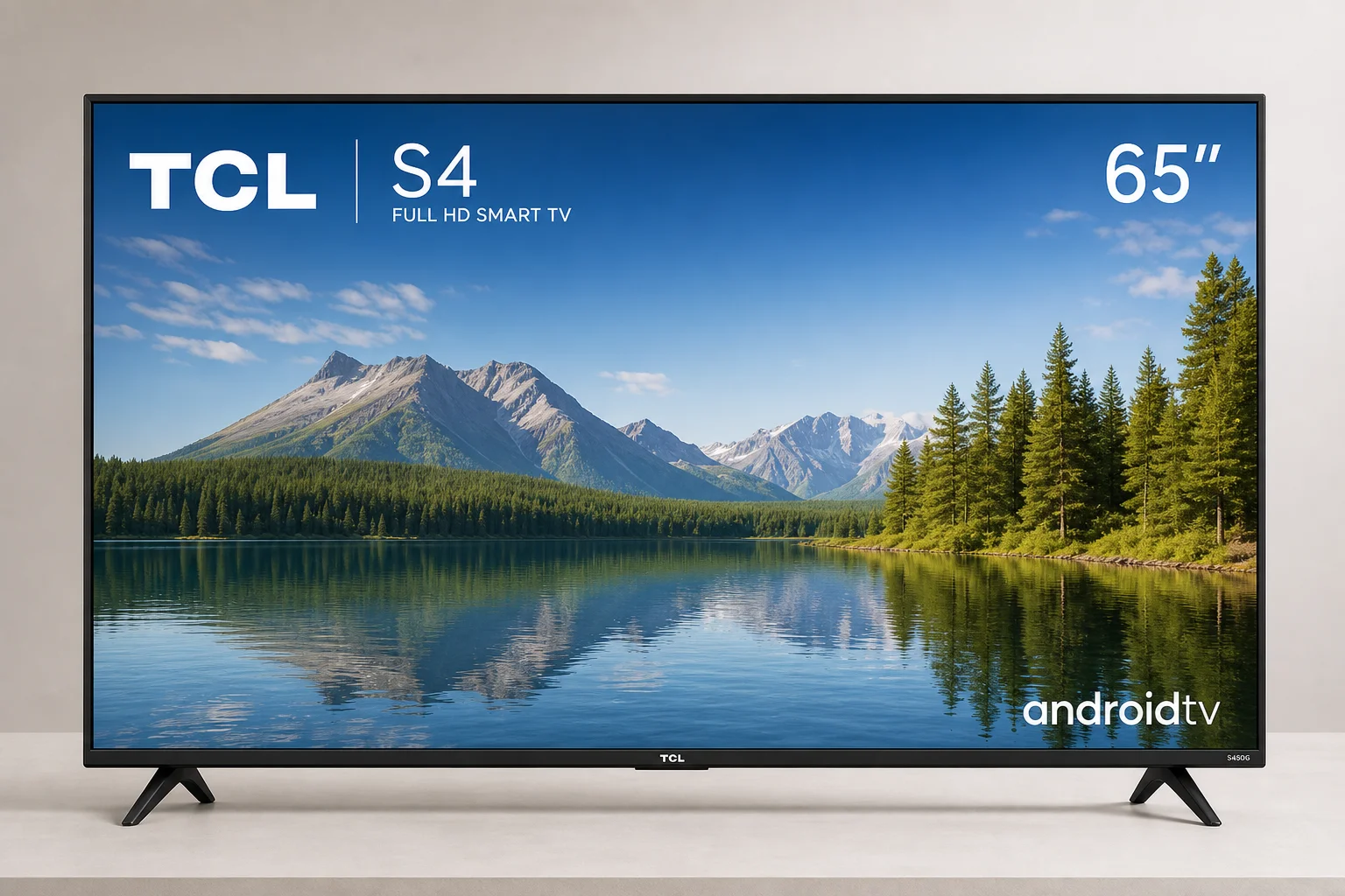 Lettore Blu-ray 4K e TV moderna su uno scaffale in metallo con illuminazione da studio soffusa