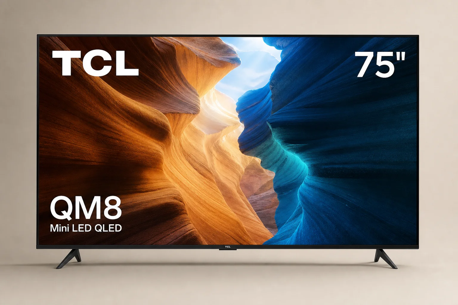 Lettore Blu-ray 4K e TV moderno su uno scaffale in metallo con una morbida illuminazione da studio