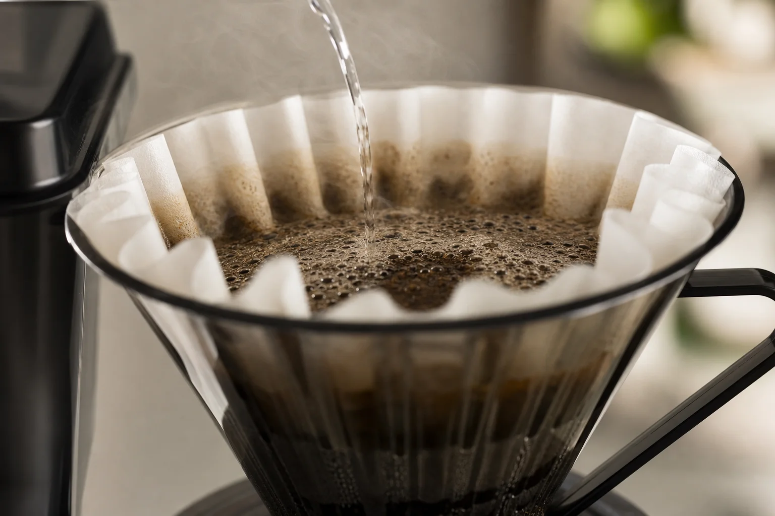 Close-up of water flowing through coffee grounds in a Moccamaster cone dripper